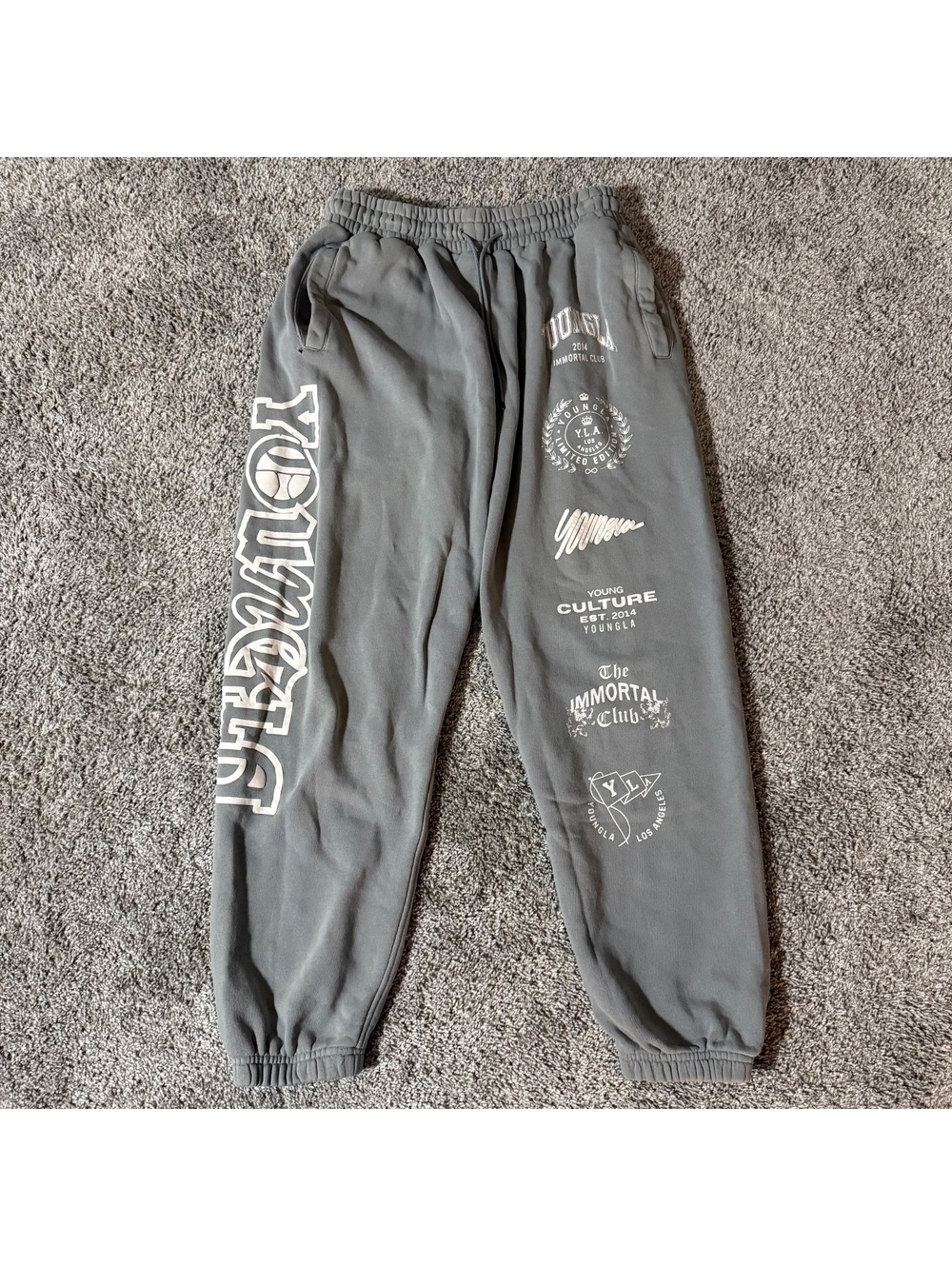 YoungLA Gray Cotton Sweatpants with White Print Logo - Size Large